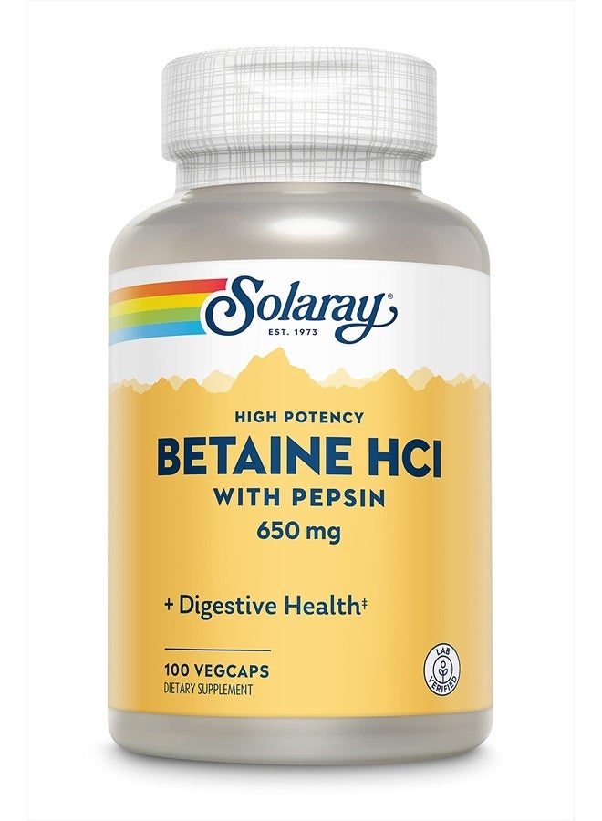 SOLARAY Solaray High Potency Betaine HCL with Pepsin - Hydrochloric Acid Supplement for Digestive Health - with Betaine Hydrochloride and Digestive Enzymes - Gut Health Support - 60-Day Guarantee, 100 VegCaps  - Image 1
