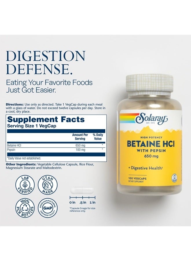 SOLARAY Solaray High Potency Betaine HCL with Pepsin - Hydrochloric Acid Supplement for Digestive Health - with Betaine Hydrochloride and Digestive Enzymes - Gut Health Support - 60-Day Guarantee, 100 VegCaps  - Image 2