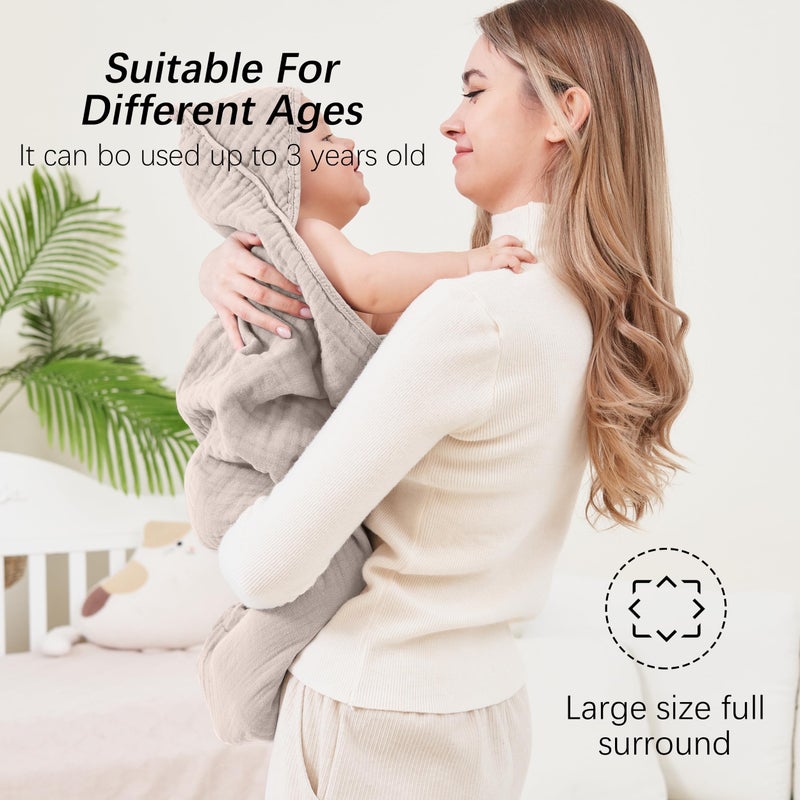 SWEET DOLPHIN Muslin Hooded Baby Bath Towels - 2 Pack 100% Cotton Towel for Babies, Infants, Toddlers - 32x32Inch - Highly Absorbent and Newborn Essential, Light Bean Paste - Image 4