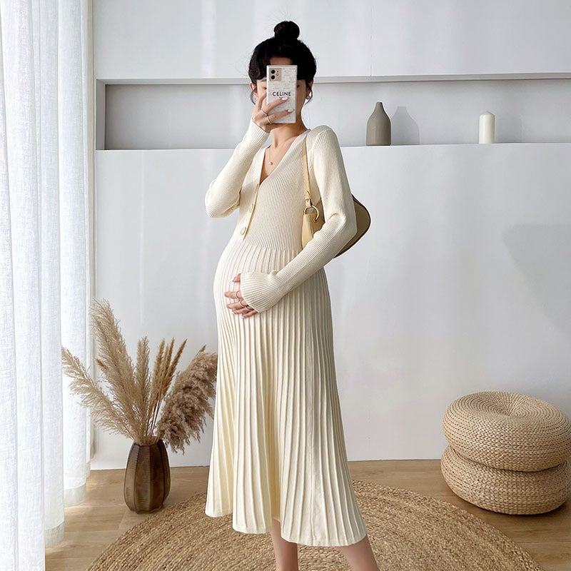 Maternity Knit Dress Sweater Autumn Winter Apricot  - Image 2