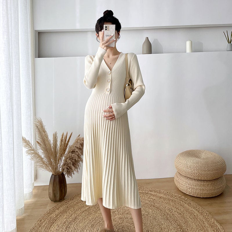Maternity Knit Dress Sweater Autumn Winter Apricot  - Image 4