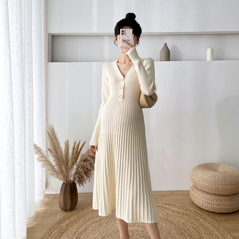 Maternity Knit Dress Sweater Autumn Winter Apricot  - Image 5