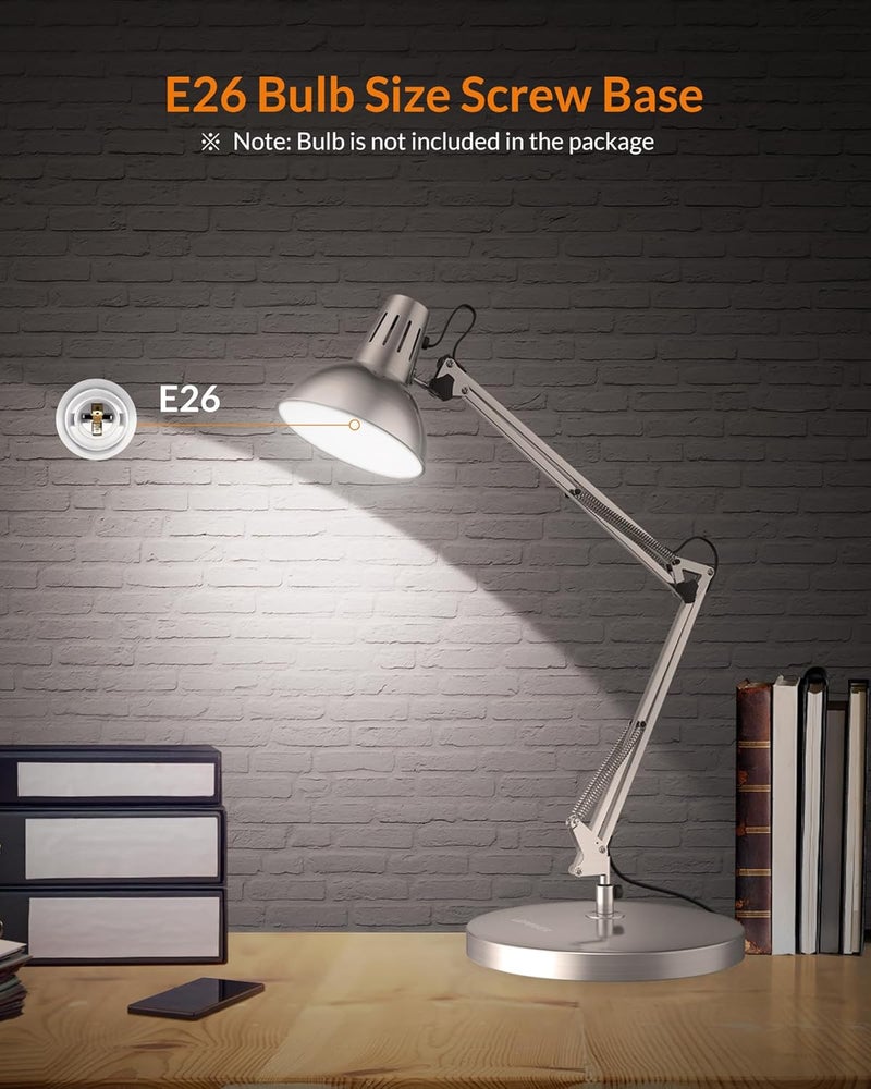 Le Power Metal Desk Lamp, Adjustable Goose Neck Architect Table Lamp with On/Off Switch, Swing Arm Desk Lamp with Clamp, Eye-Caring Reading Lamp for Bedroom, Study Room &Office (Silver) - Image 4