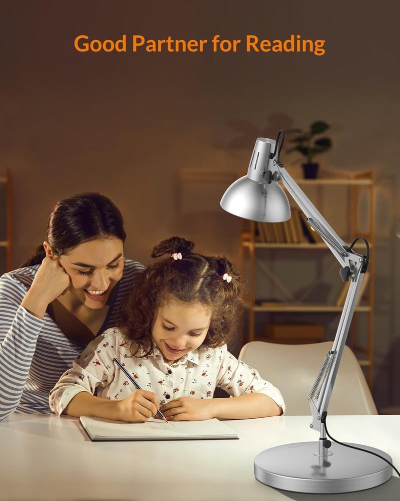 Le Power Metal Desk Lamp, Adjustable Goose Neck Architect Table Lamp with On/Off Switch, Swing Arm Desk Lamp with Clamp, Eye-Caring Reading Lamp for Bedroom, Study Room &Office (Silver) - Image 5