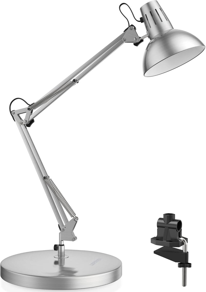 Le Power Metal Desk Lamp, Adjustable Goose Neck Architect Table Lamp with On/Off Switch, Swing Arm Desk Lamp with Clamp, Eye-Caring Reading Lamp for Bedroom, Study Room &Office (Silver) - Image 1