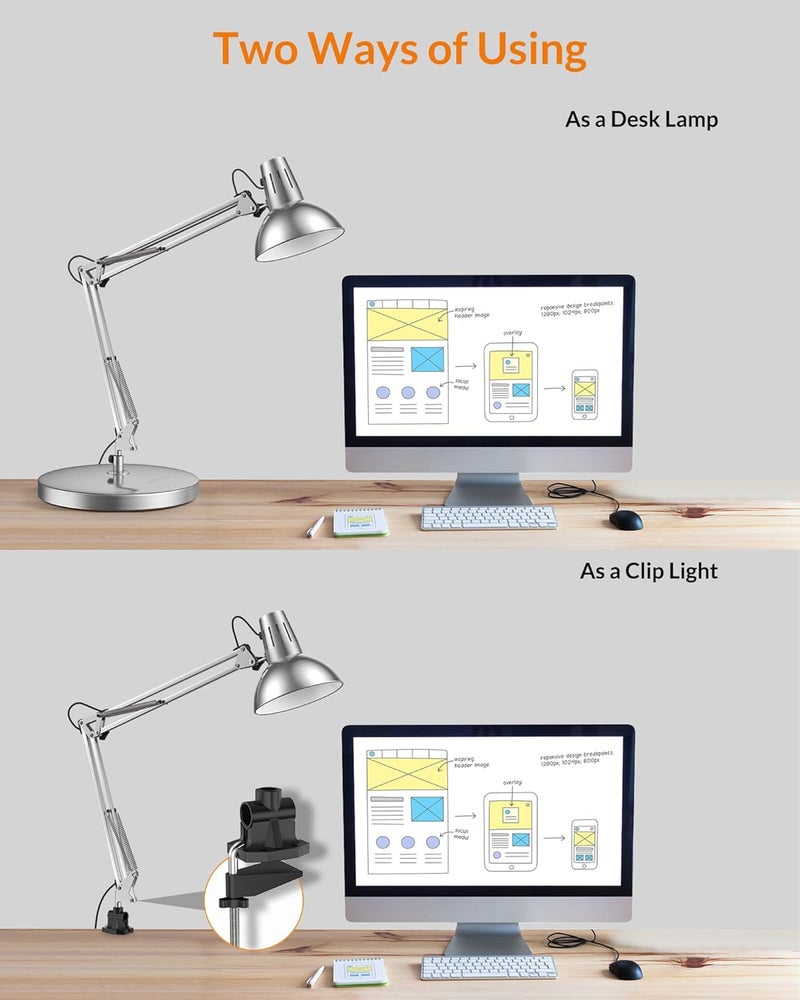 Le Power Metal Desk Lamp, Adjustable Goose Neck Architect Table Lamp with On/Off Switch, Swing Arm Desk Lamp with Clamp, Eye-Caring Reading Lamp for Bedroom, Study Room &Office (Silver) - Image 3