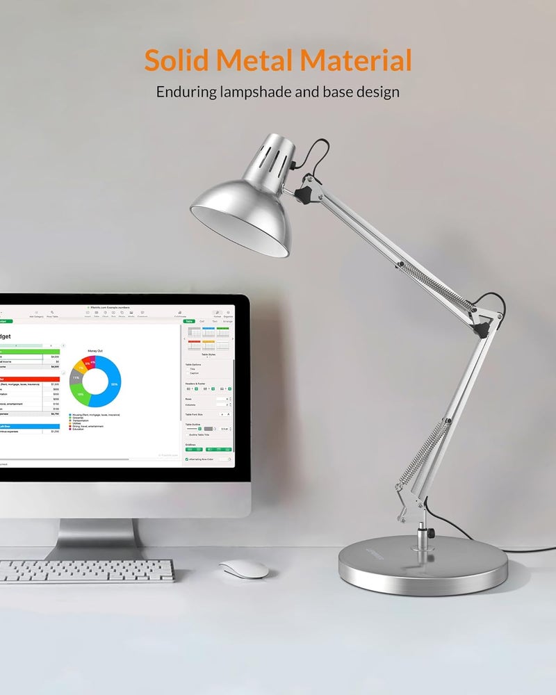 Le Power Metal Desk Lamp, Adjustable Goose Neck Architect Table Lamp with On/Off Switch, Swing Arm Desk Lamp with Clamp, Eye-Caring Reading Lamp for Bedroom, Study Room &Office (Silver) - Image 2