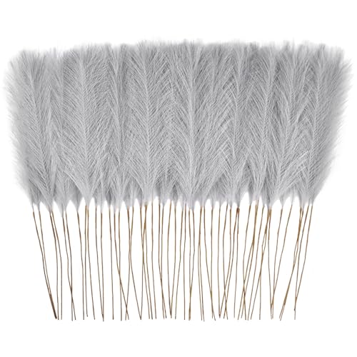 obbsie 50pcs Faux Pampas Grass Grey 216 Short Artificial Pompous Grass Floral Fake Pompas Grass Branches Vase Filler Flower Arrangement for Home Wedding Boho Decor