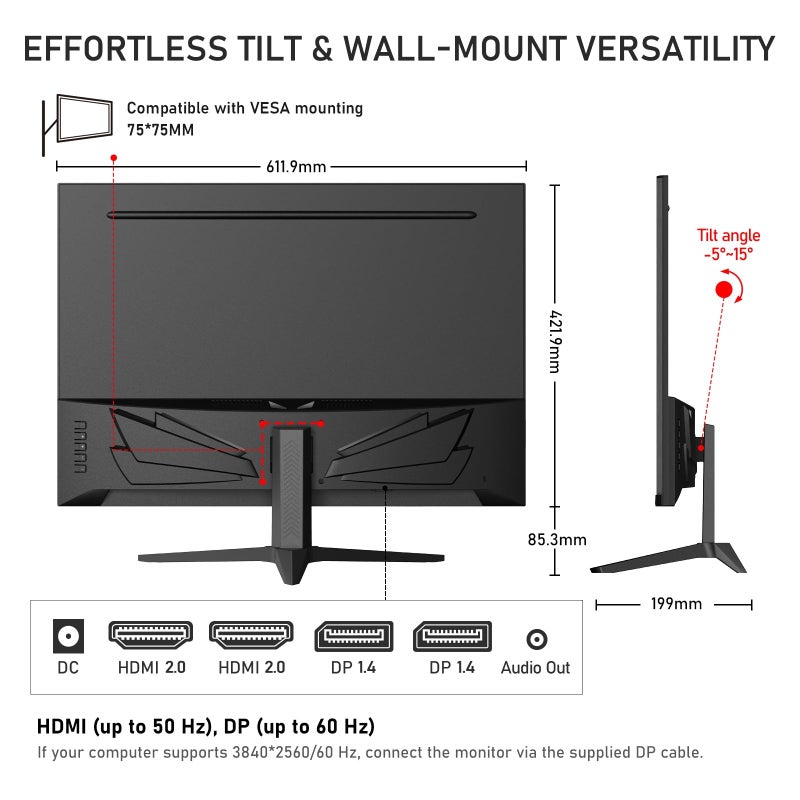 Gawfolk شاشة Gawfolk 28 بوصة 4K IPS 60Hz، UHD (3840x2560p) مع مكبرات صوت مدمجة، شاشة كمبيوتر بدقة Ultra HD للمنزل والمكتب، تدعم HDMI و DP، 3:2، 10 بت، 1.07 مليار لون - Image 4