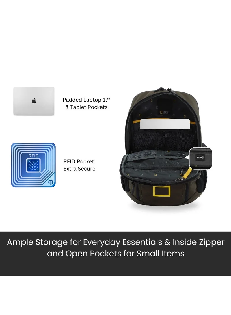 National Geographic Khaki National Geographic Box Canyon RPET Polyester Backpack Khaki - RFID Water resistant Lightweight Durable Shockproof Suitable for School Work, Casual Padded Laptop Bag Travel pack for Men and Women  | Best Price UAE