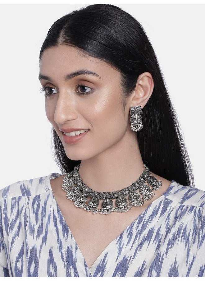 I Jewels I Jewels Navratri Oxidised Silver Plated Afghani Choker Necklace Jewellery Set for Women (MC070)  - Image 3