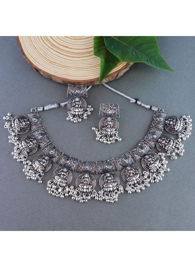 I Jewels I Jewels Navratri Oxidised Silver Plated Afghani Choker Necklace Jewellery Set for Women (MC070)  - Image 2