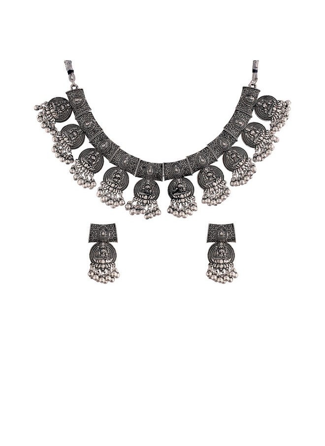 I Jewels I Jewels Navratri Oxidised Silver Plated Afghani Choker Necklace Jewellery Set for Women (MC070)  - Image 1