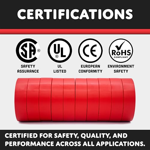 TradeGear Red 10 Pack - UL Listed Colored Electrical Tape, 60 ft x 3/4 in, 600V, Flame Retardant, Waterproof, Rubber Adhesive - Phase Marking, Wire ID, Automotive - Image 4