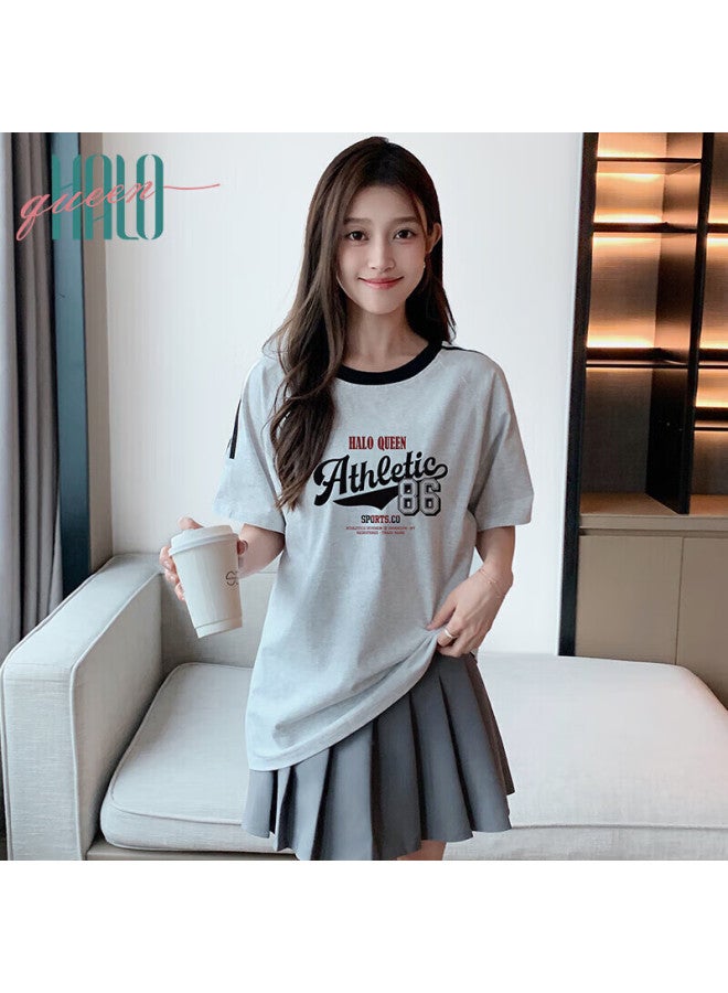 HALOQUEEN Halo Queen Loose T-shirt, Women's Sports Short-sleeve Top, Summer Contrasting Color Letter Print, H143t1416 - Image 1