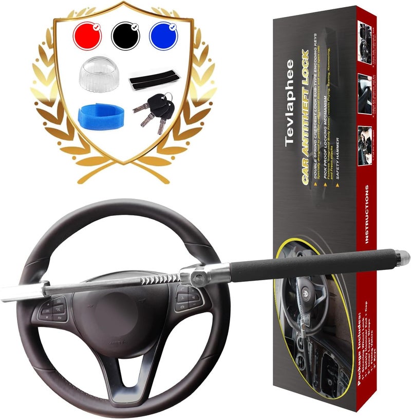 Tevlaphee Steering Wheel Lock for Cars,Wheel Lock,Vehicle Anti-Theft Lock,Adjustable Length Clamp Double Hook Universal Fit Emergency Hammer Window Breaker Self Defense Heavy Duty Secure (Black) - Image 1