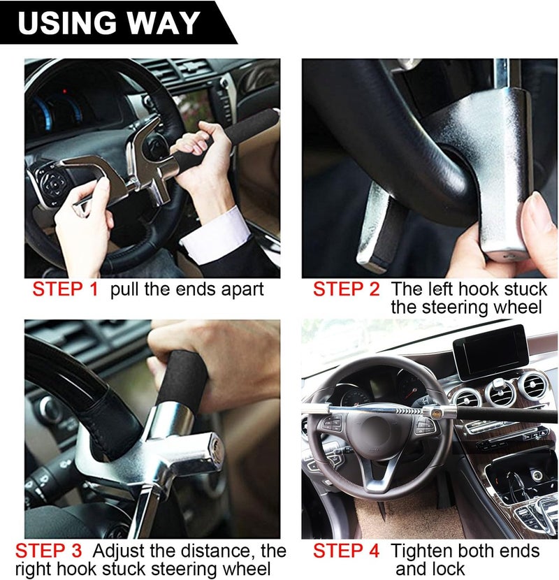 Tevlaphee Steering Wheel Lock for Cars,Wheel Lock,Vehicle Anti-Theft Lock,Adjustable Length Clamp Double Hook Universal Fit Emergency Hammer Window Breaker Self Defense Heavy Duty Secure (Black) - Image 5