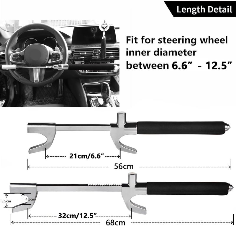 Tevlaphee Steering Wheel Lock for Cars,Wheel Lock,Vehicle Anti-Theft Lock,Adjustable Length Clamp Double Hook Universal Fit Emergency Hammer Window Breaker Self Defense Heavy Duty Secure (Black) - Image 2