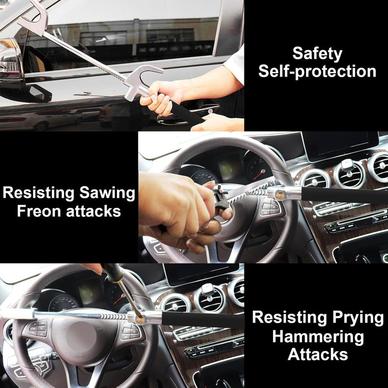 Tevlaphee Steering Wheel Lock for Cars,Wheel Lock,Vehicle Anti-Theft Lock,Adjustable Length Clamp Double Hook Universal Fit Emergency Hammer Window Breaker Self Defense Heavy Duty Secure (Black) - Image 4