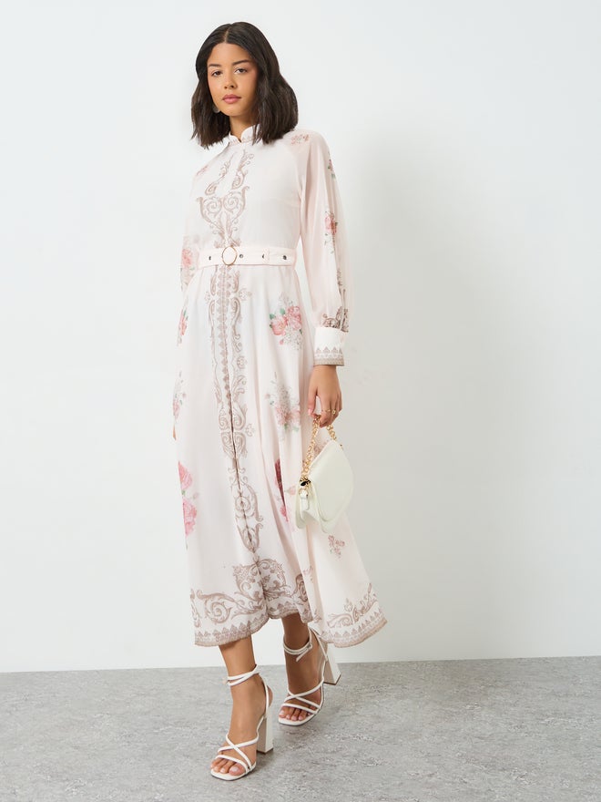 Styli Light Pink Floral Belted Midi Dress