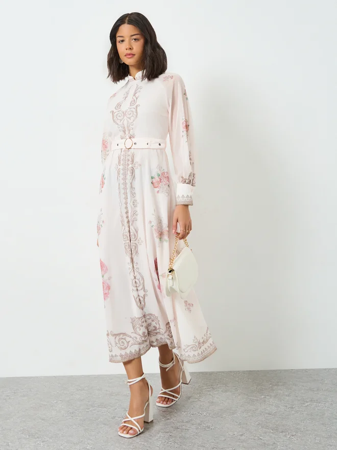 Styli Styli Light Pink Floral Belted Midi Dress