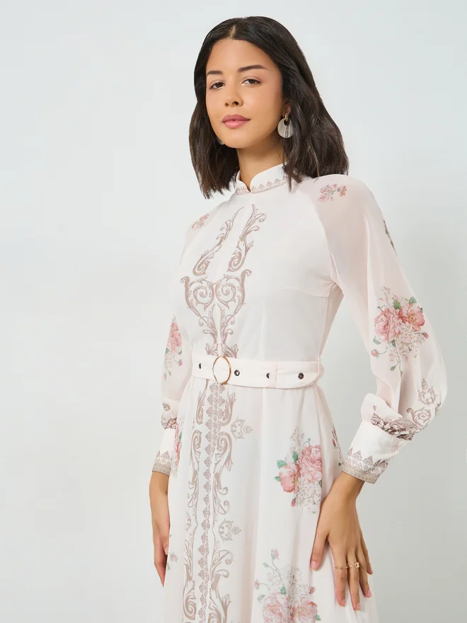 Styli Styli Light Pink Floral Belted Midi Dress