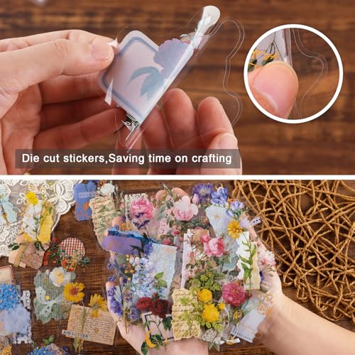 Dizdkizd Die Cut Gold Foil Floral Stickers (180 Pieces), Transparent Aesthetics Sticker Set Vintage Flower Decals for Scrapbooking Card Making Journaling Paper Crafting - Image 2