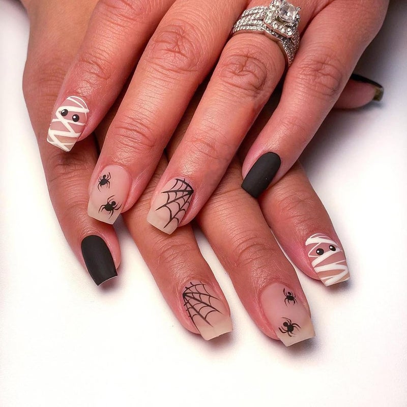 WULIUFLY Tight fitted parts Halloween Press on Nails Short Square Fake Nails with Spiders Web Designs False Nails Black Glue on Nails Full Cover Acrylic Nails Short Halloween Stick on Nails for Women Decoration Manicure General purpose premium build - Image 1