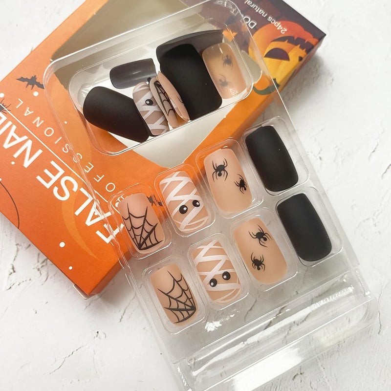 WULIUFLY Tight fitted parts Halloween Press on Nails Short Square Fake Nails with Spiders Web Designs False Nails Black Glue on Nails Full Cover Acrylic Nails Short Halloween Stick on Nails for Women Decoration Manicure General purpose premium build - Image 2