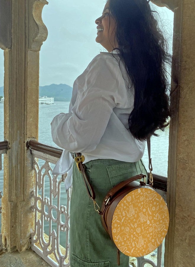 Kalankit Round Sling Bag for Women | Lightweight Vegan Leather Crossbody | Stylish Compact Purse | Yellow | Valentine Gift for Girlfriend - Image 3