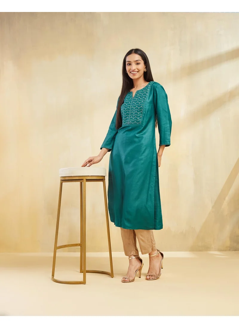 فاب انديا Teal Viscose Silk Embroidered Slim Fit Long Kurta