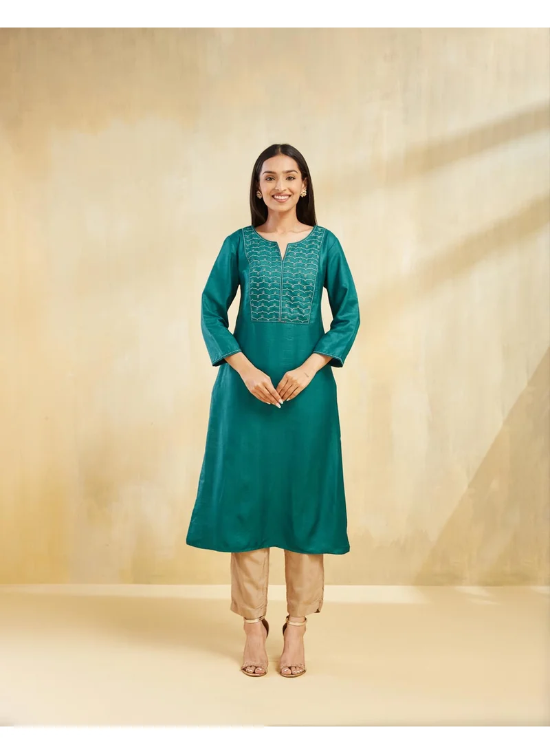 فاب انديا Teal Viscose Silk Embroidered Slim Fit Long Kurta