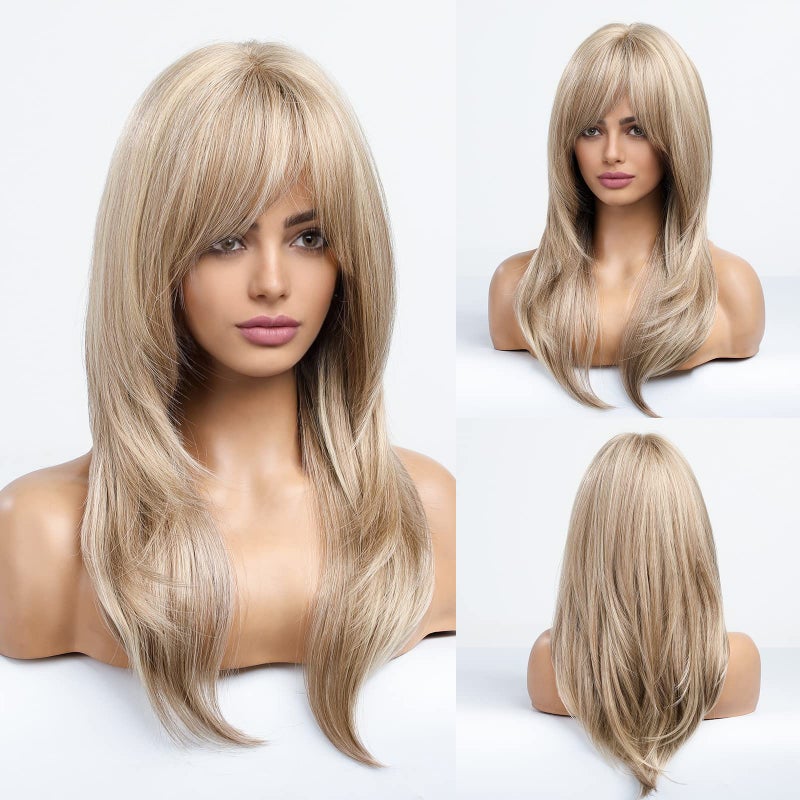 باروكات HAIRCUBE بلون أشقر فاتح للنساء باروكات أشقر مميزة مع غرة باروكات صناعية مقاومة للحرارة