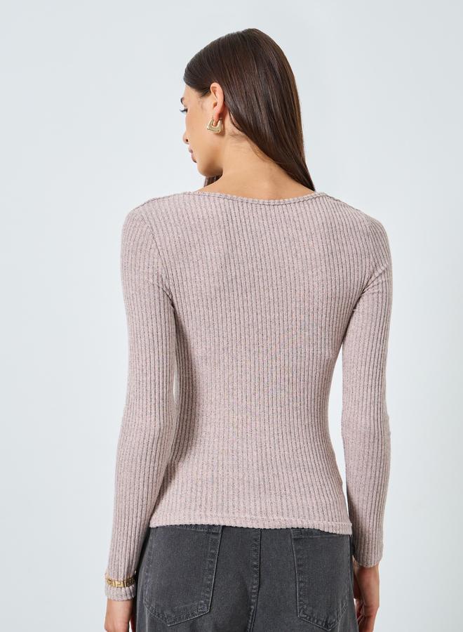 تايك تو بلوزة مضلعة بياقة ملتفة بلون وردي - Image 5