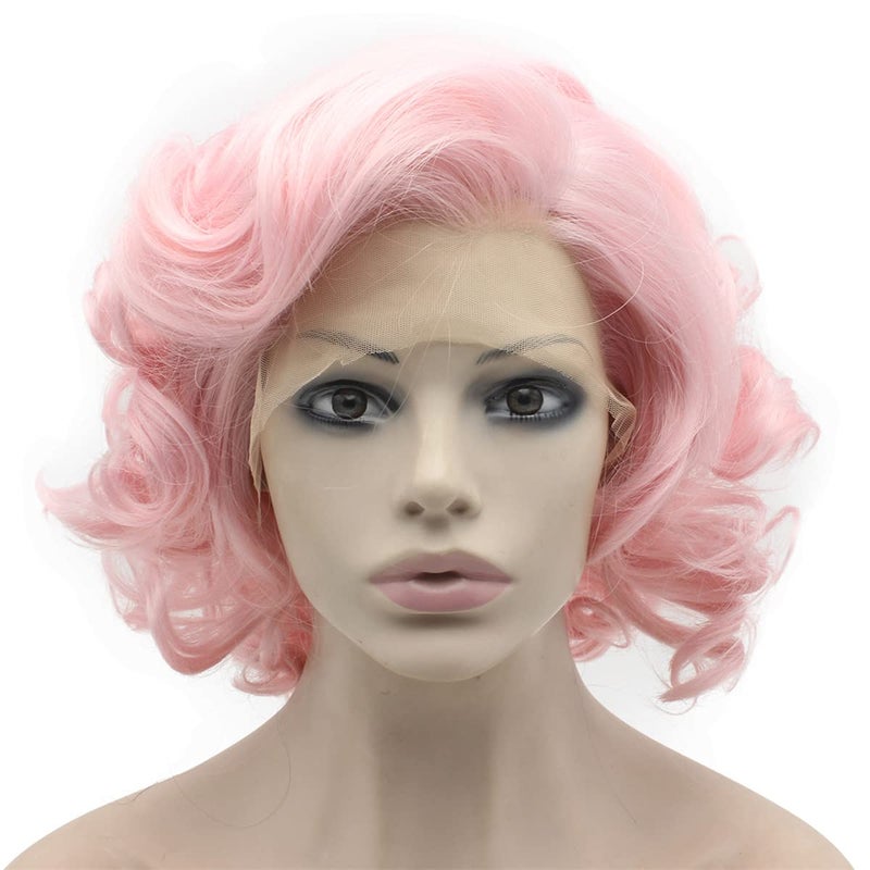 Mxangel Heat Friendly Synthetic Hair Lace Front Pink Short Curly Wig