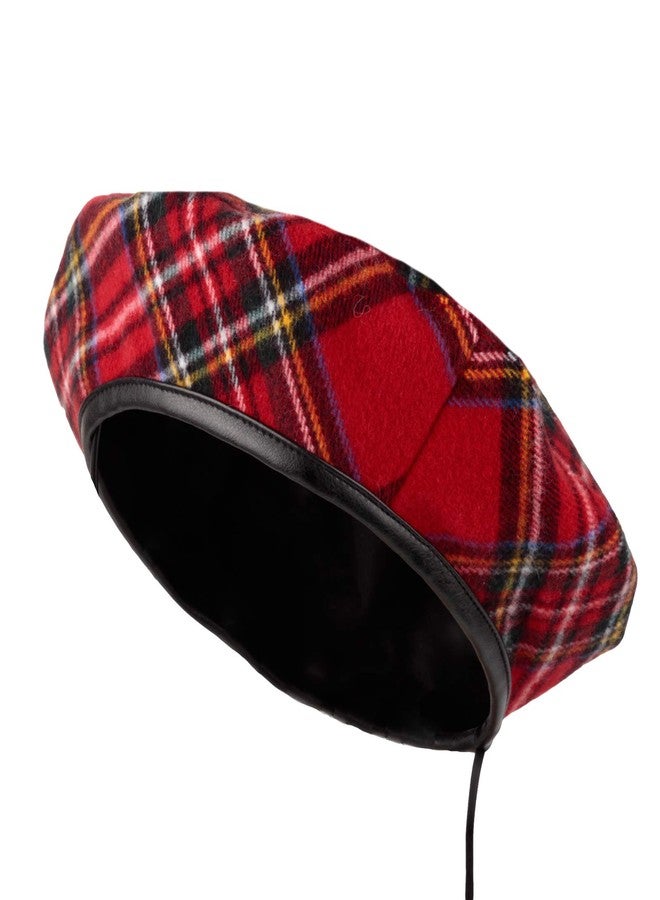 WITHMOONS Polyester Beret Hat Tartan Check Leather Sweatband KR3781 (Red) - Image 1