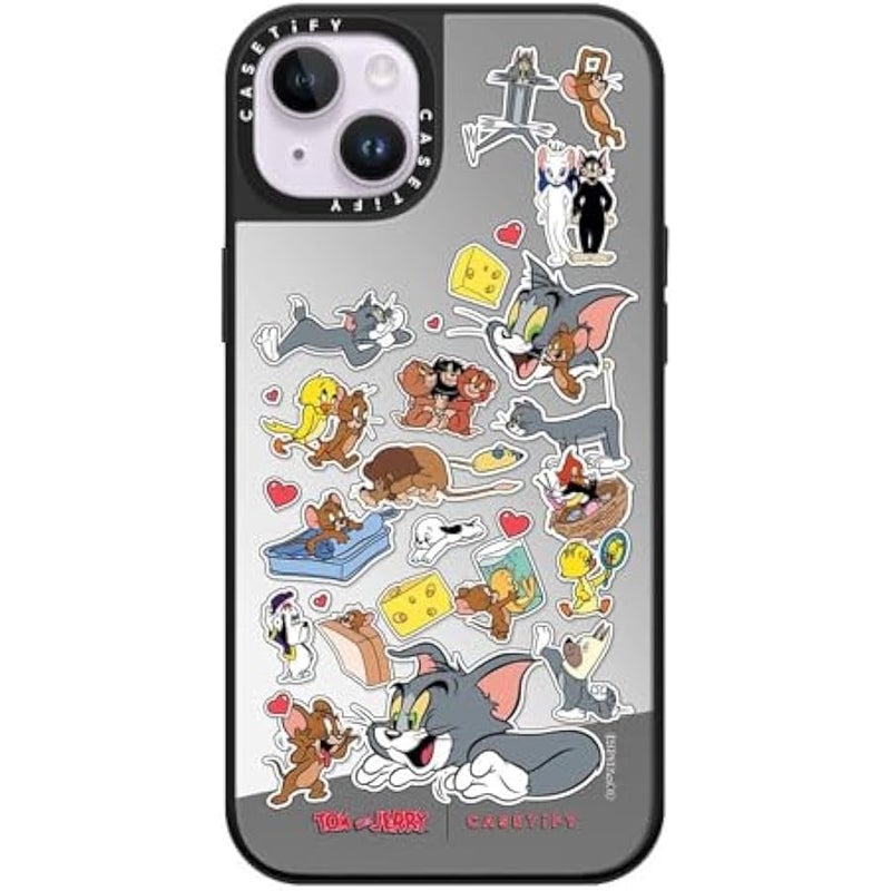 Casetify Mirror Case for iPhone 14 Plus 【Tom and Jerry Colab/Reflective / 4.9ft Drop Protection/Compatible with Magsafe】 - Family Sticker - Silver on Black - Image 1