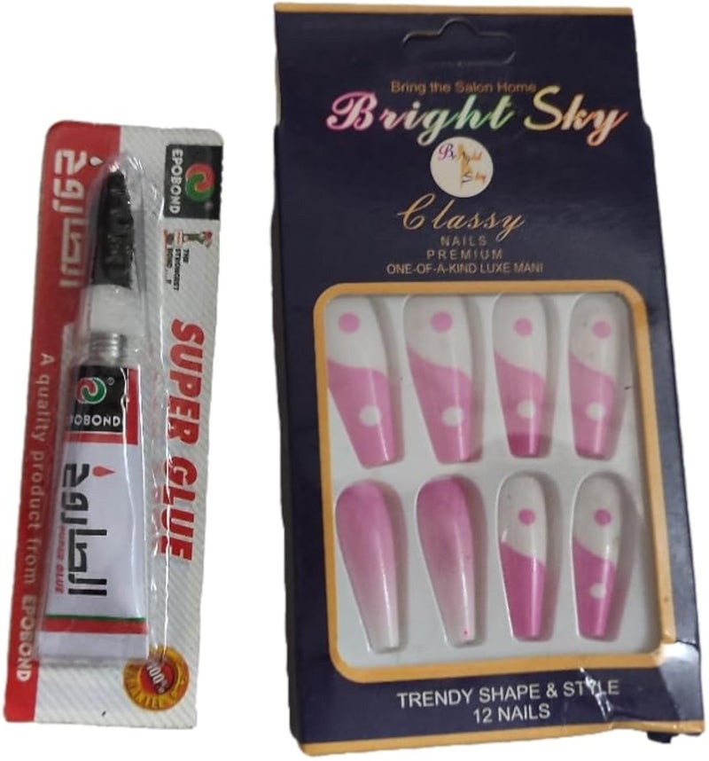 Bright Sky Premium Press-On Nails Set with Super Glue, Pink and White Gradient, 12 Trendy Classy Nails, Professional Manicure Kit