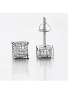 Square Threaded Stud Earrings Micro Pave Hip Hop Silver (ear needle style with butterfly buckle ear plugs)
