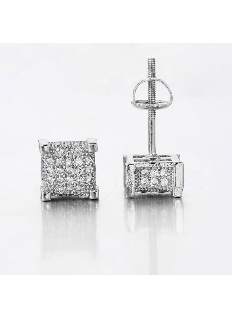 Generic - Square Threaded Stud Earrings Micro Pave Hip Hop Silver (ear needle style with butterfly buckle ear plugs) - Image 1