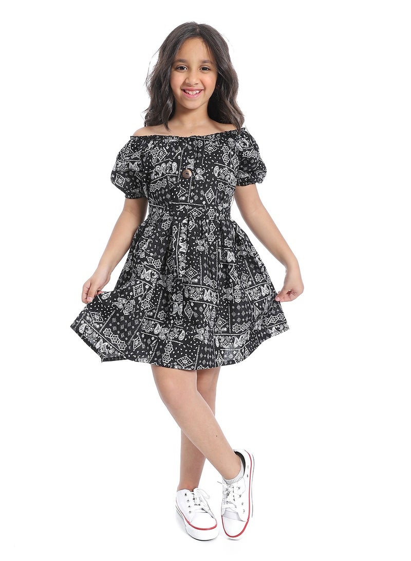 Andora Off-Shoulders Girls Dress With Belt_ White & Black - Image 1