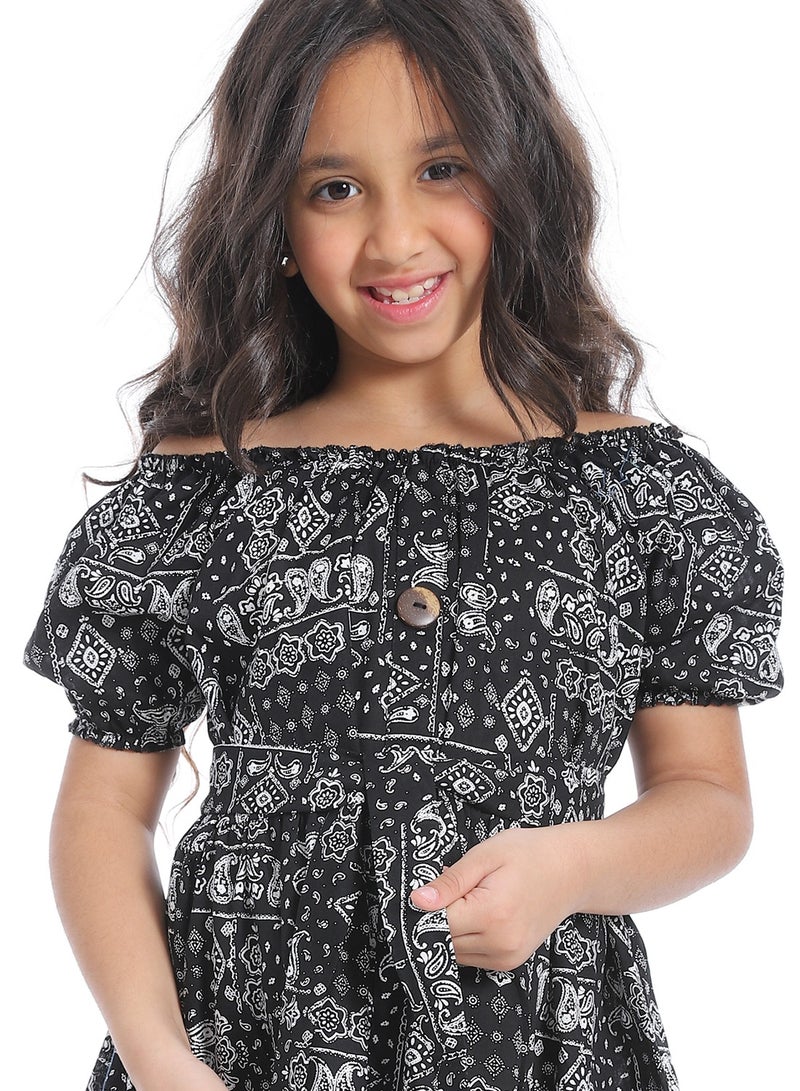Andora Off-Shoulders Girls Dress With Belt_ White & Black - Image 5