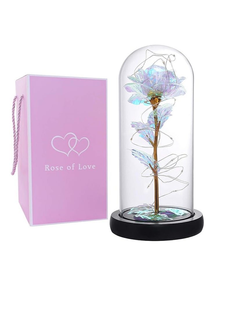 دبل وردة صناعية في قبة زجاجية مع إضاءة LED - زهرة رومانسية دائمة، مصباح زخرفي يعمل بالبطارية - مثالي للهدايا وديكور المنزل والمناسبات الخاصة