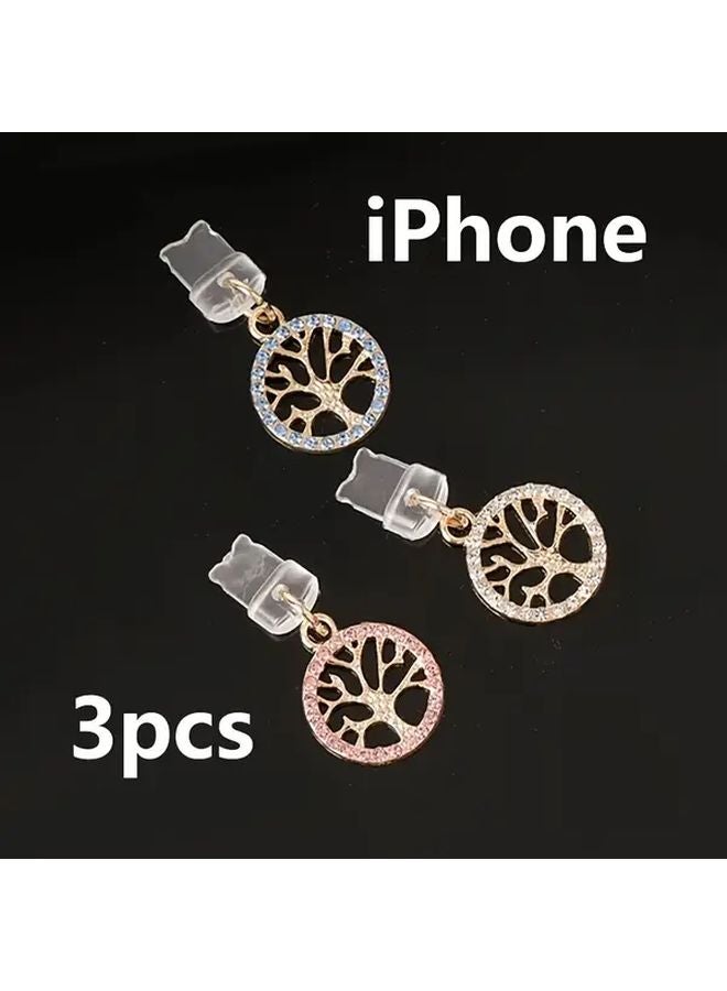 3 قطع حجر الراين سدادات غبار شجرة مستديرة لهواتف آيفون وإكسسوارات المحمول - Image 1