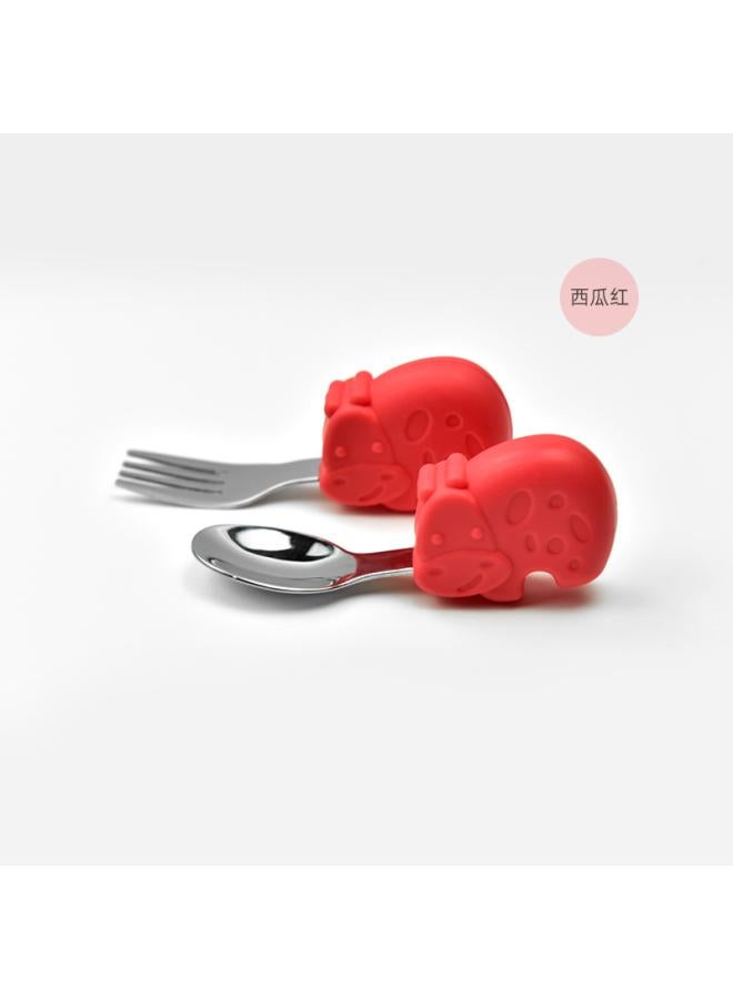 Hippo Baby Baby Learning To Eat Training Fork Spoon Short Handle Stainless Steel Tableware Children's Silicone Complementary Food Complementary Food Fork Spoon