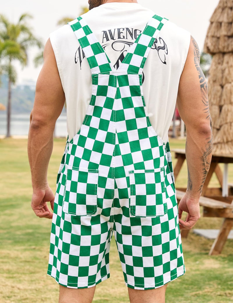 Odefou Checkered Bib Overalls for Men Jumpsuit Shorts Work Coveralls(Green Checkered,XL) - Image 2