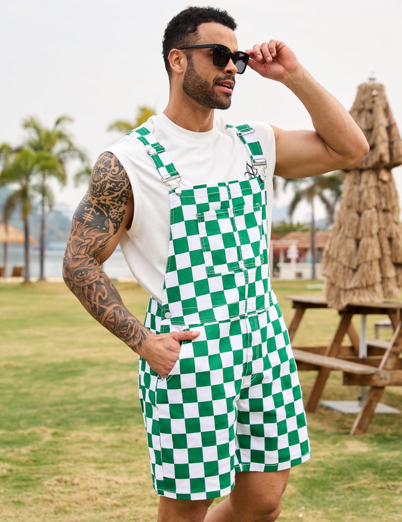 Odefou Checkered Bib Overalls for Men Jumpsuit Shorts Work Coveralls(Green Checkered,XL) - Image 4