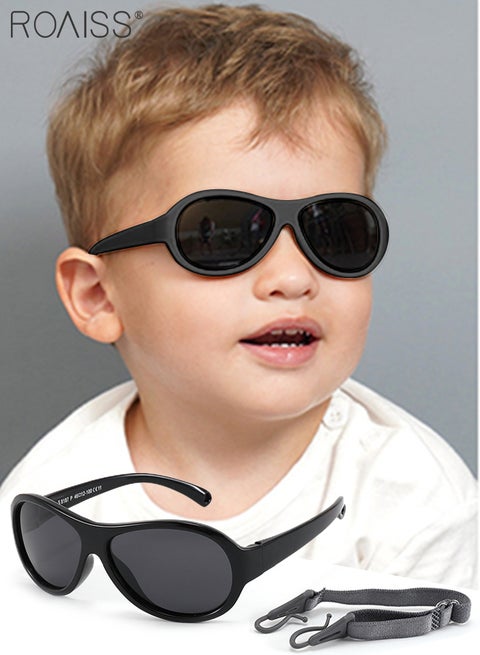 Oval Polarized Sunglasses for babies UV400 Protection Cute Beach Holiday Sun Glasses with Flexible Silicone Frame and Elastic Strap for Boys Girls Age 0-3 Black