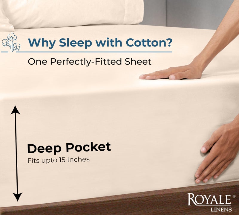 Royale Linens 100% Organic Cotton Fitted Sheet - Percale Weave - Super Soft Deep Pocket Bottom Sheets - Cream Elastic Sheet Queen Size - Queen Fitted Sheets Only - (60"x80"+15", Cream) - Image 2
