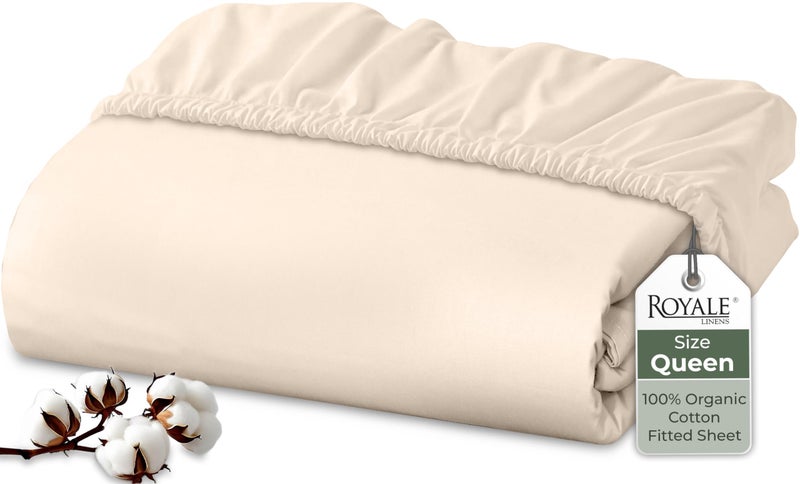 Royale Linens 100% Organic Cotton Fitted Sheet - Percale Weave - Super Soft Deep Pocket Bottom Sheets - Cream Elastic Sheet Queen Size - Queen Fitted Sheets Only - (60"x80"+15", Cream) - Image 1